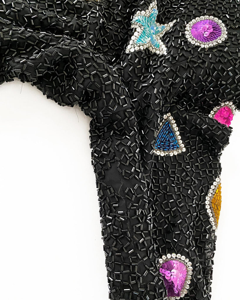 FRUIT Vintage Bob Mackie beaded and sequin gown from the 1980s! This beautiful statement piece features crystal and sequin embellishments in various shapes, a draped satin skirt and high neck collar.