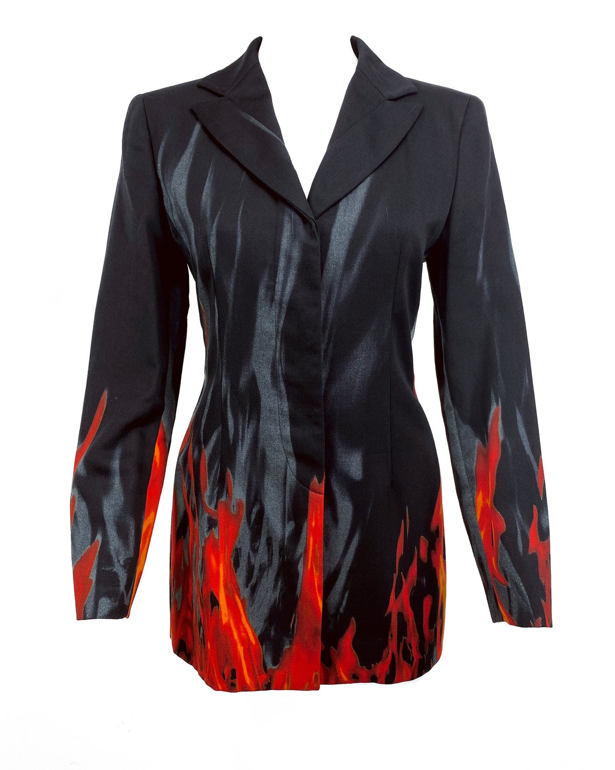 FRUIT Vintage Moschino 90s Flame Jacket as worn by Fran Drescher on the Nanny! It features a flame and smoke print on the hem line and sleeves going up the jacket. 