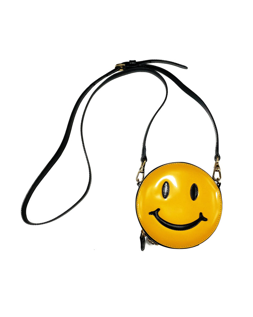 FRUIT Vintage Moschino Smiley Face Bag with cross body strap. Rare 1990s iconic Moschino mini yellow face logo handbag.