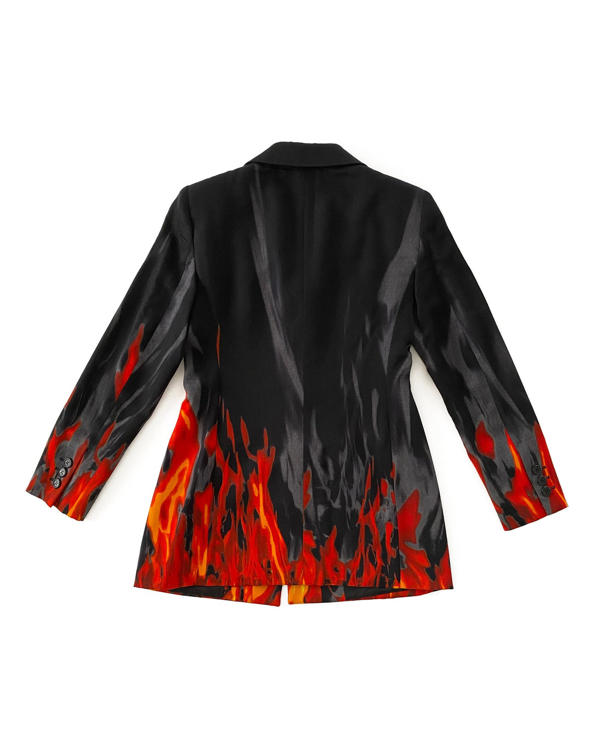 FRUIT Vintage Moschino 90s Flame Jacket as worn by Fran Drescher on the Nanny! It features a flame and smoke print on the hem line and sleeves going up the jacket. 