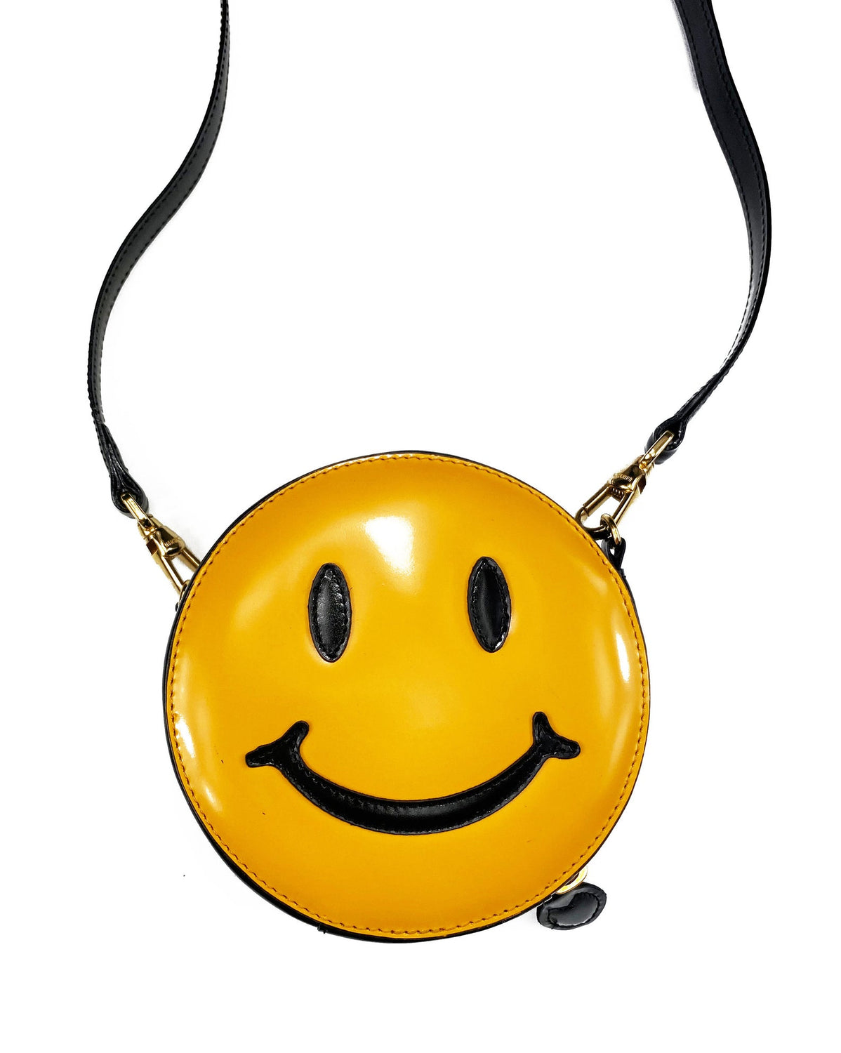 FRUIT Vintage Moschino Smiley Face Bag with cross body strap. Rare 1990s iconic Moschino mini yellow face logo handbag.