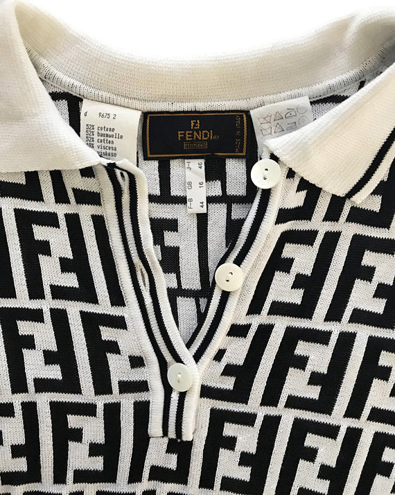 Fruit Vintage Fendi Zucca Monogram Black White Print Polo Top Black White