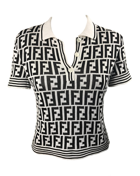 Fruit Vintage Fendi Zucca Monogram Black White Print Polo Top Black White