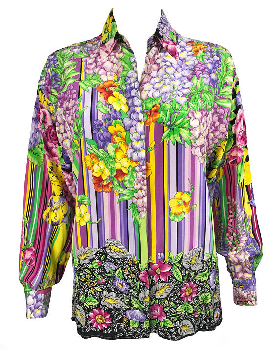 Fruit Vintage Versus by Gianni Versace 1990s Floral Print Silk Shirt