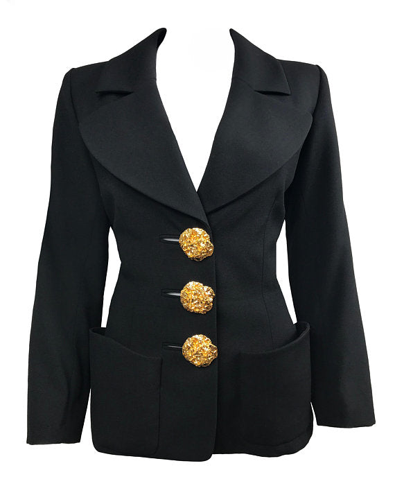 Yves Saint Laurent 1980s Black Blazer Jacket With Gold Feature Buttons