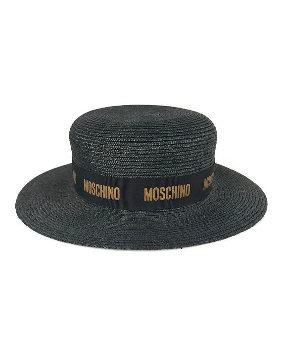 Moschino Black Straw Logo Boater Hat