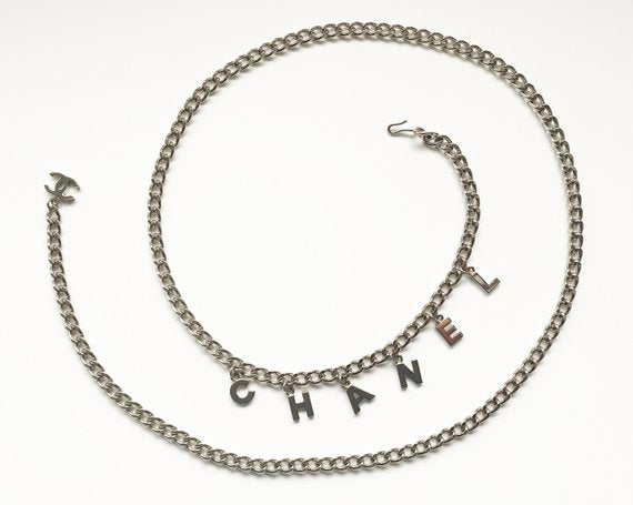 Auth Vintage CHANEL Logo Letter Charm Chain Bracelet Silver Used from Japan  F/S