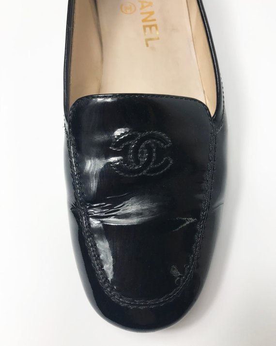 Chanel Black Patent Leather CC Pearl Embellished Heel Peep Toe Pumps Size  40.5