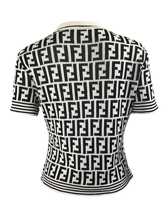 Fruit Vintage Fendi Zucca Monogram Black White Print Polo Top Black White