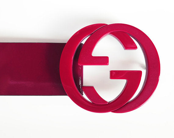 Fruit Vintage 1990s Gucci Red Patent Leather belt with a acrylic double G Logo Monogram Buckle.