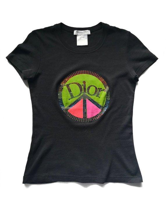 Fruit Vintage Christian Dior 1990s tank designed by John Galliano with a graphic crystal embellished Peace sign monogram logo.