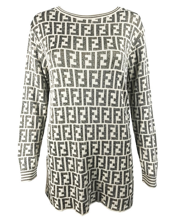 Fendi Grey Beige Zucca Knit Logo Sweater