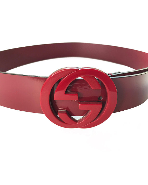Fruit Vintage 1990s Gucci Red Patent Leather belt with a acrylic double G Logo Monogram Buckle.
