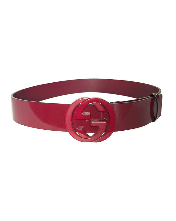 Fruit Vintage 1990s Gucci Red Patent Leather belt with a acrylic double G Logo Monogram Buckle.