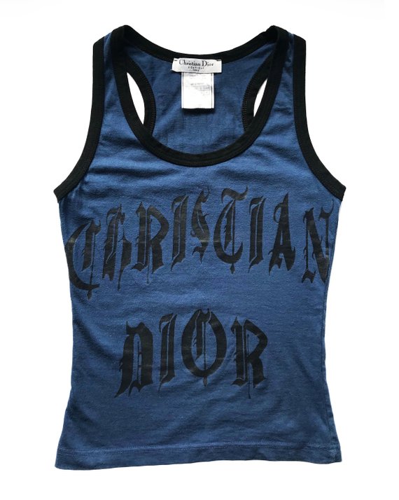 Fruit Vintage Christian Dior Gothic text Logo tank dating to John Galliano 1947 Dior logo monogram text