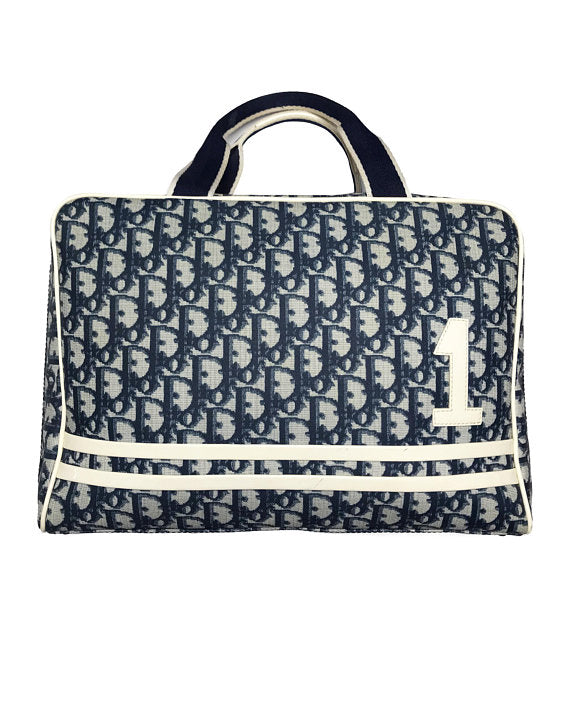 FRUIT vintage iconic Christian Dior by John Galliano navy coated monogram canvas trotter zipper tote bag with the famous number and racing stripe detailing at front