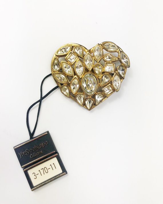 Fruit Vintage Yves Saint Laurent 1980s crystal heart brooch . Featuring in intricate crystal cluster design set in gold plated brass. YSL Pin Logo Rhinstone Diamante Clip.