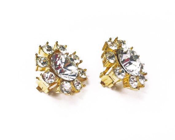 Fruit Vintage Yves Saint Laurent 1980s clip-on floral shaped rhinestone crystal earrings. 