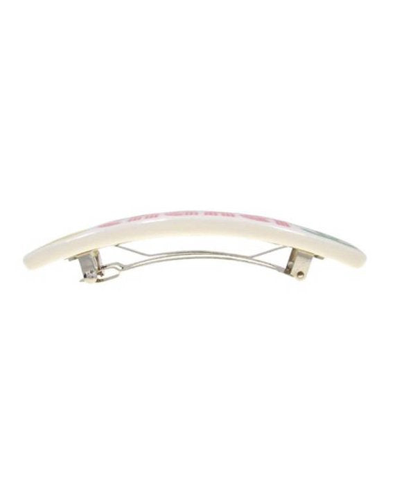 Fruit Vintage Chanel text logo barrette in white with bright logos. Features large Chanel text logos and two CC monograms either side.