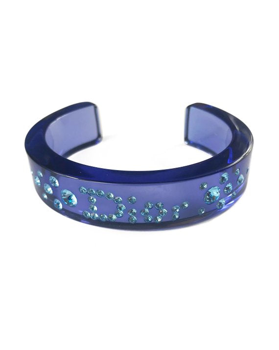 FRUIT vintage Christian Dior Blue diamonte crystal embellished logo monogram plastic cuff bracelet bangle.