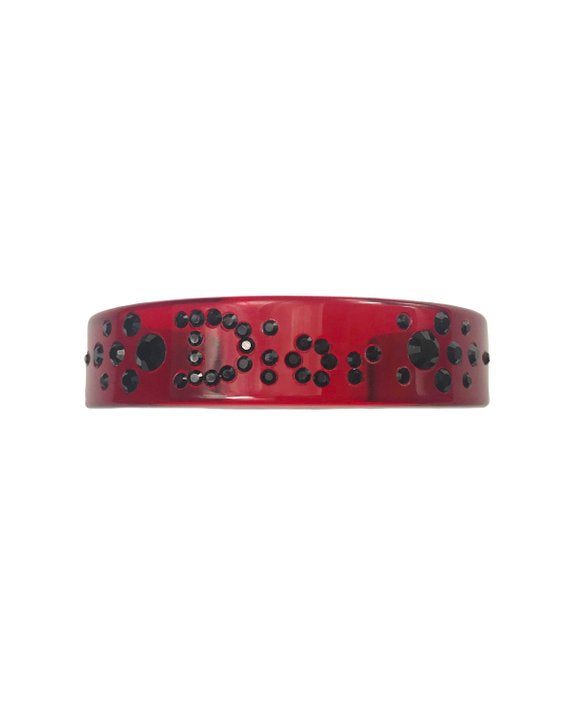 FRUIT vintage Christian Dior Red and Black diamonte crystal embellished logo monogram plastic cuff bracelet bangle.