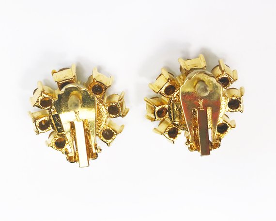 Fruit Vintage Yves Saint Laurent 1980s clip-on floral shaped rhinestone crystal earrings. 