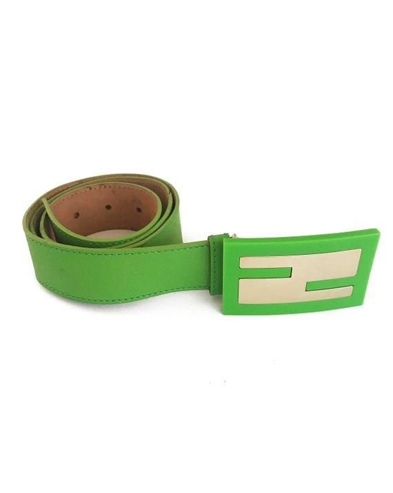 FRUIT Vintage Fendi Zucca Monogram Logo belt. It features a large Fendi logo buckle made from brass and perspex in awesome neon green.