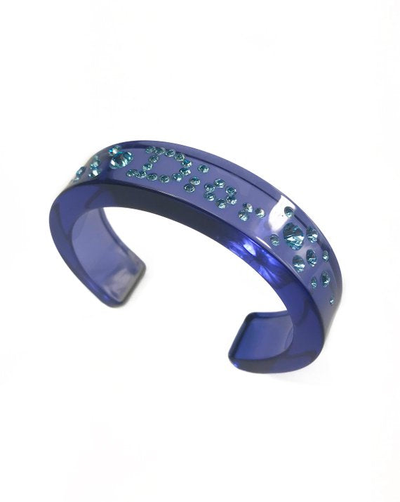 FRUIT vintage Christian Dior Blue diamonte crystal embellished logo monogram plastic cuff bracelet bangle.