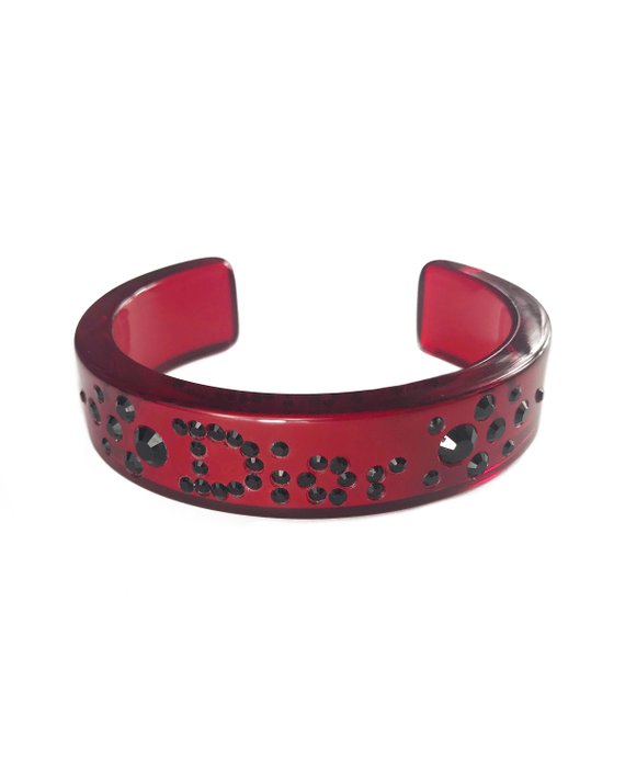 FRUIT vintage Christian Dior Red and Black diamonte crystal embellished logo monogram plastic cuff bracelet bangle.