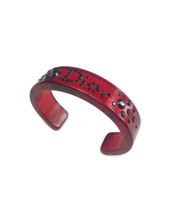 FRUIT vintage Christian Dior Red and Black diamonte crystal embellished logo monogram plastic cuff bracelet bangle.