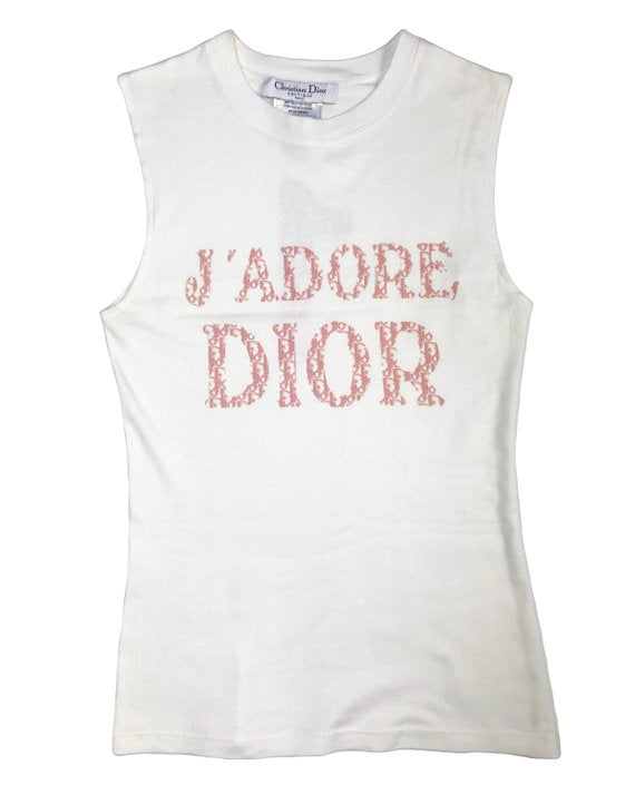 Fruit Vintage Christian Dior J'adore Dior tank by John Galliano, this classic white tank features the oblique trotter monogram print in pink.