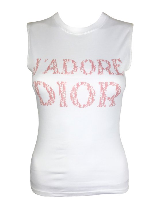 Fruit Vintage Christian Dior J'adore Dior tank by John Galliano, this classic white tank features the oblique trotter monogram print in pink.