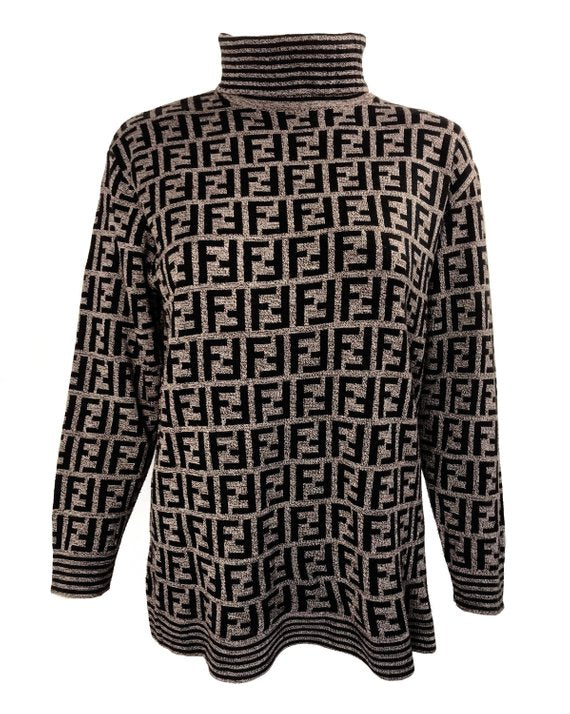 FRUIT vintage Fendi Zucca print turtle neck sweater, this monogram knit features a striped print on sleeves and neck. The logo is knitted into the jumper (intarsia style), made from 100% pure Merino wool.