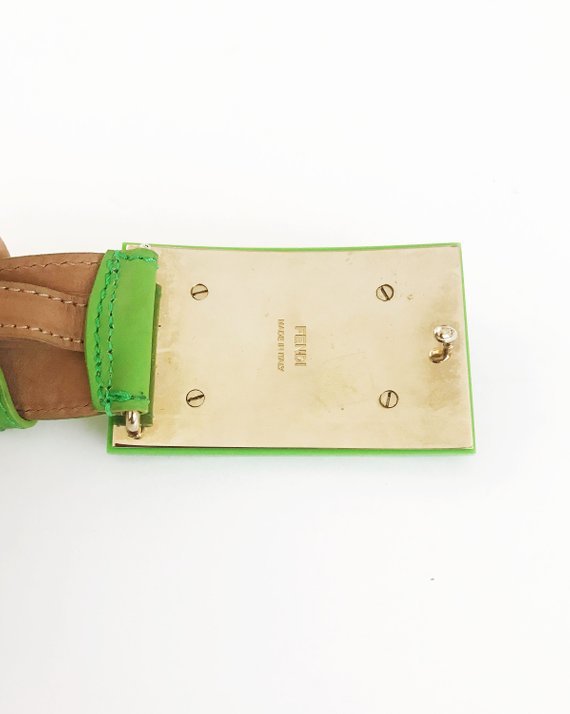 FRUIT Vintage Fendi Zucca Monogram Logo belt. It features a large Fendi logo buckle made from brass and perspex in awesome neon green.