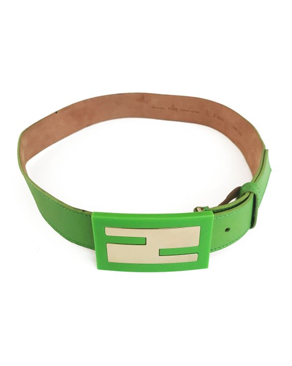 FRUIT Vintage Fendi Zucca Monogram Logo belt. It features a large Fendi logo buckle made from brass and perspex in awesome neon green.