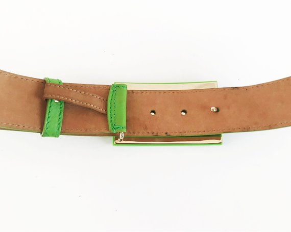 FRUIT Vintage Fendi Zucca Monogram Logo belt. It features a large Fendi logo buckle made from brass and perspex in awesome neon green.