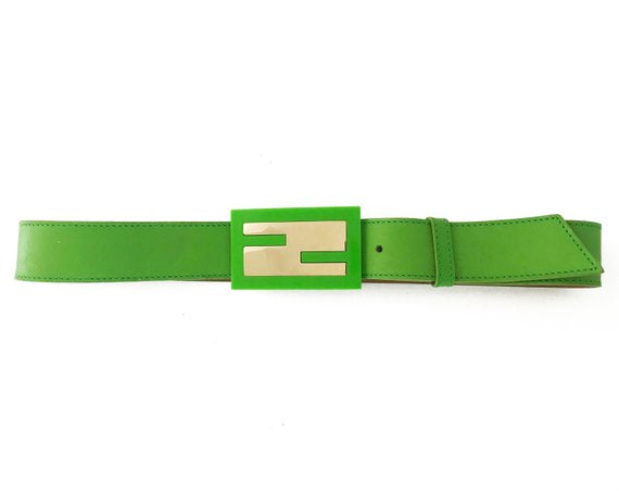 FRUIT Vintage Fendi Zucca Monogram Logo belt. It features a large Fendi logo buckle made from brass and perspex in awesome neon green.