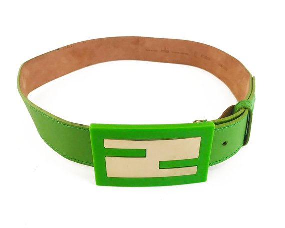 FRUIT Vintage Fendi Zucca Monogram Logo belt. It features a large Fendi logo buckle made from brass and perspex in awesome neon green.