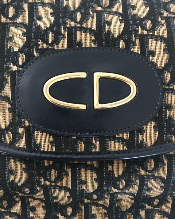 FRUIT Vintage Rare Christian Dior 1970s Monogram Oblique Print Trotter Canvas Satchel Bag with large CD logo.