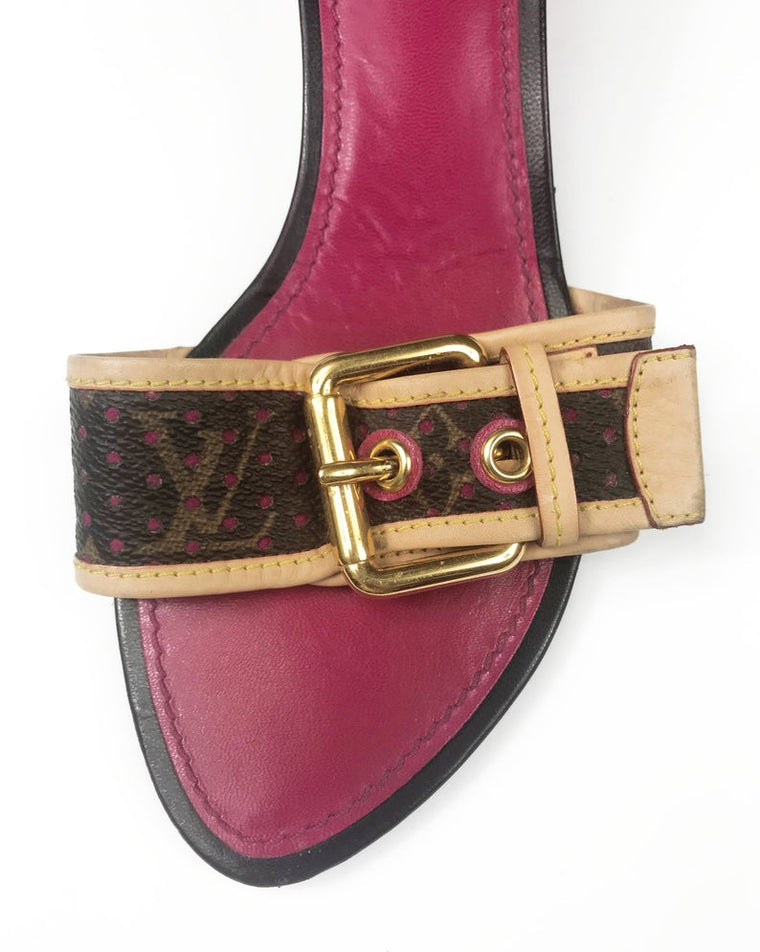 FRUIT Vintage Louis Vuitton kitten heels monogram canvas mules with logo buckles. Feature a perforated logo canvas with pink trim and classic tan leather.