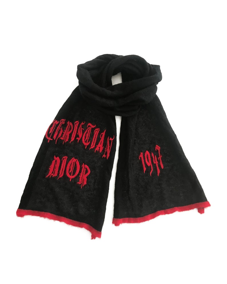 FRUIT Vintage Christian Dior gothic logo monogram mohair knitted scarf. Features a large graphic Christian Dior logo embroidered on one end and 1947 on the other.