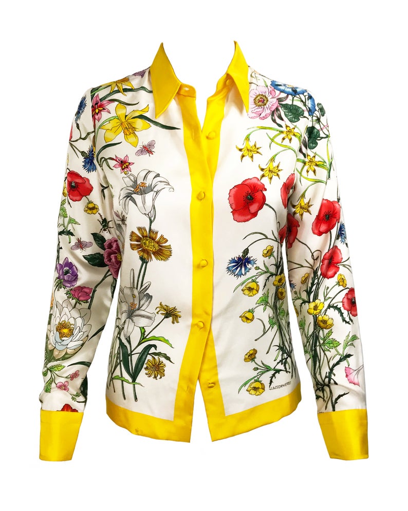 GUCCI Vintage Logo Silk Shirt #42 Blouse Flower Print Multicolor Button  RankAB