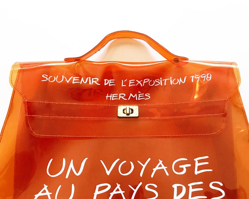 Fruit Vintage Souvenir Hermes Clear orange Kelly bag dating to 1998. Originally sold by Hermes as a very limited edition souvenir piece to celebrate the opening of a special Hermes boutique in Japan in 1998, these are highly collectable as seen on Ariana Grande and Kim Kardashian.