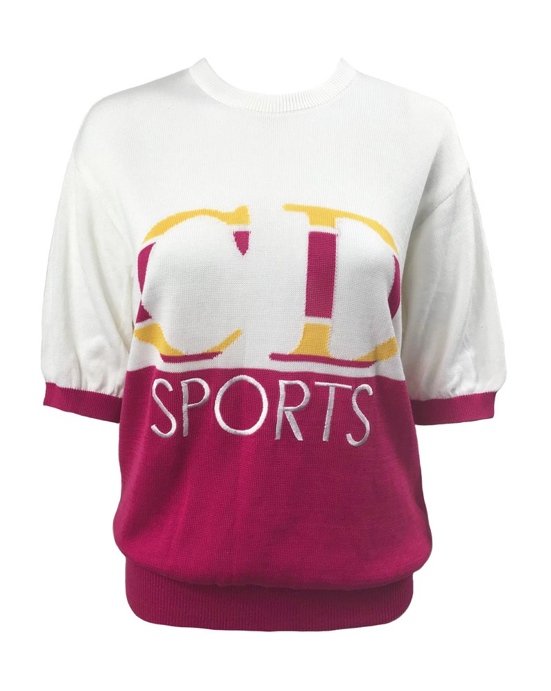 Fruit Vintage Christian Dior Sport CD sweat shirt from the 1980s. It features an large embroidered CD logo at front woven intarsia style into the knit fabric and a removable polo collar