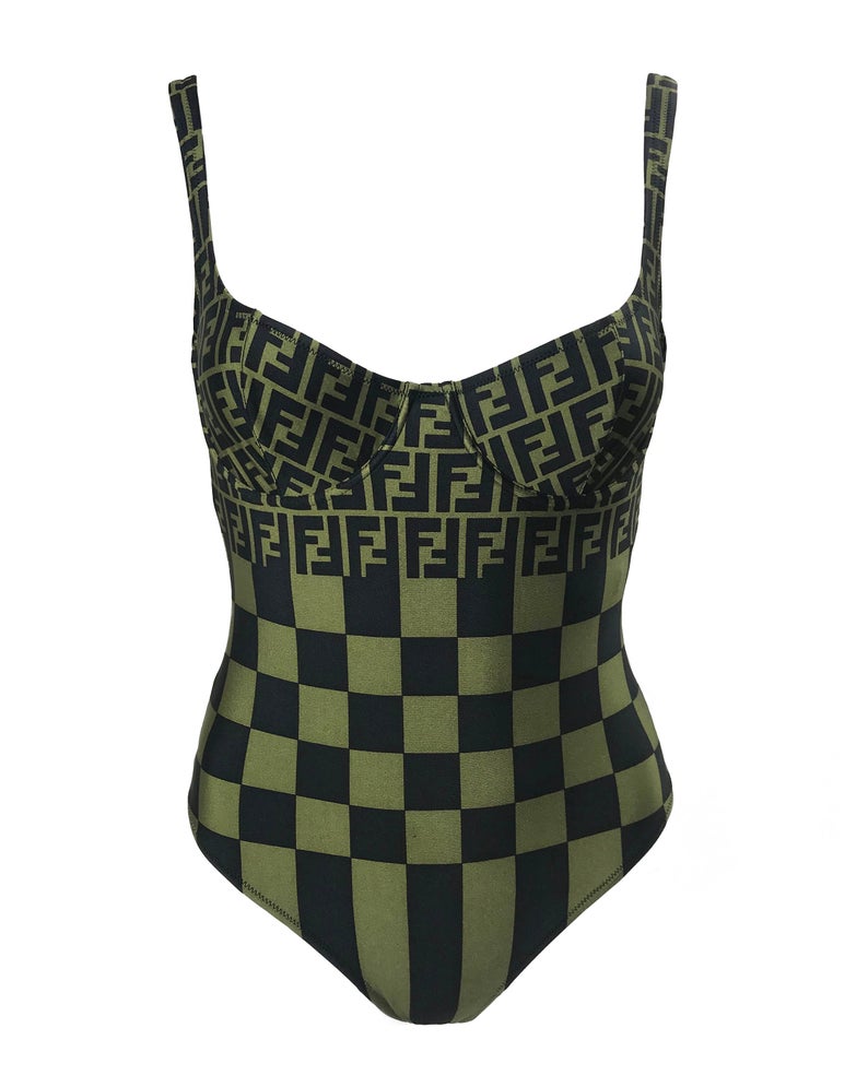 FRUIT vintage Mint condition Fendi Zucca print swimsuit from the 90s. This amazing monogram logo set is a collectors dream. Features a lingerie style bra top with the iconic Fendi logo monogram and Fendi checkerboard print design. This would also make an incredible bodysuit for day wear.