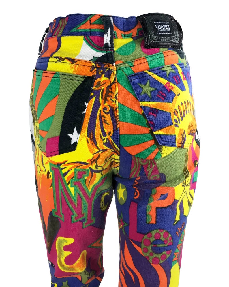 FRUIT Vintage Versace Jeans Couture 'Manhattan New York City' Print Jeans Pants by Gianni Versace piece from the 1990s.
