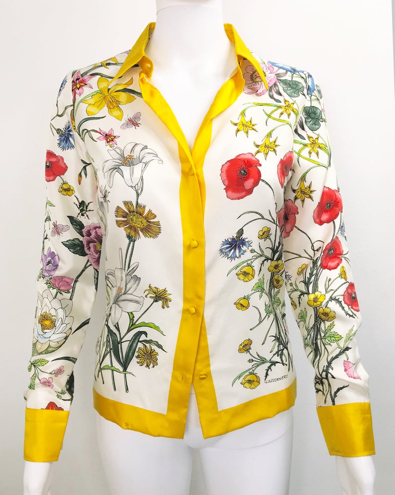 FRUIT vintage rare Gucci silk flora print shirt dating to the 1980s. It features the classic Gucci flora design from the era trimmed with vibrant yellow. This is a true piece of Gucci history!