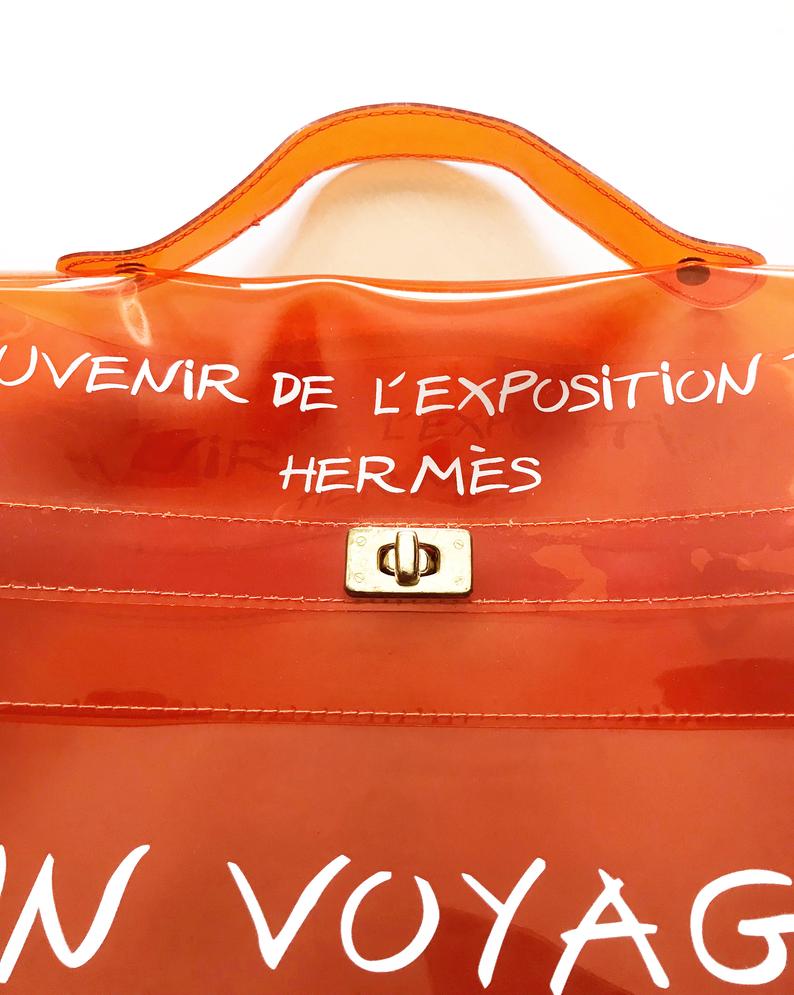 Fruit Vintage Souvenir Hermes Clear orange Kelly bag dating to 1998. Originally sold by Hermes as a very limited edition souvenir piece to celebrate the opening of a special Hermes boutique in Japan in 1998, these are highly collectable as seen on Ariana Grande and Kim Kardashian.