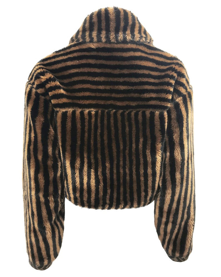 FRUIT Vintage Fendi faux fur stripe bomber jacket dating to 1995. It features the classic Zucca logo trim and embroidered Zucca print Fendi letters, as worn by Mary J Blige