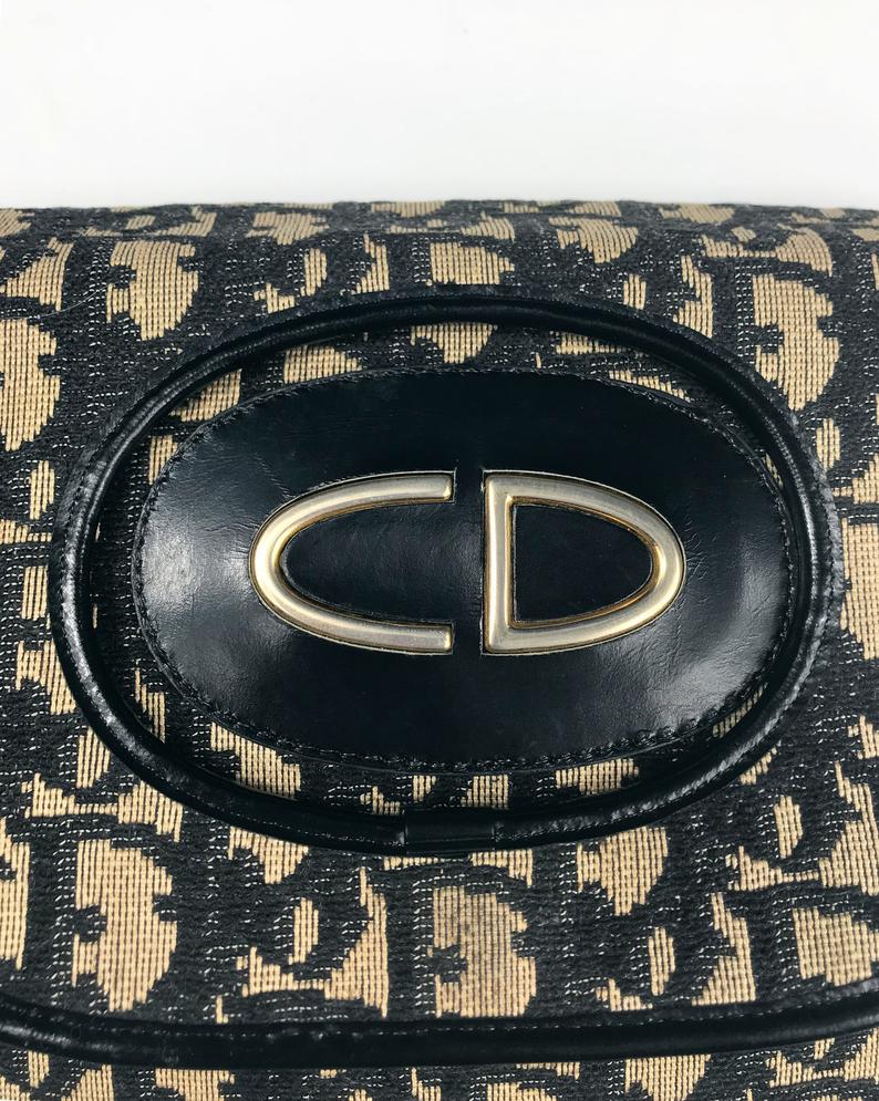 FRUIT Vintage Rare Christian Dior 1970s Monogram Oblique Print Trotter Canvas Satchel Bag with large CD logo.